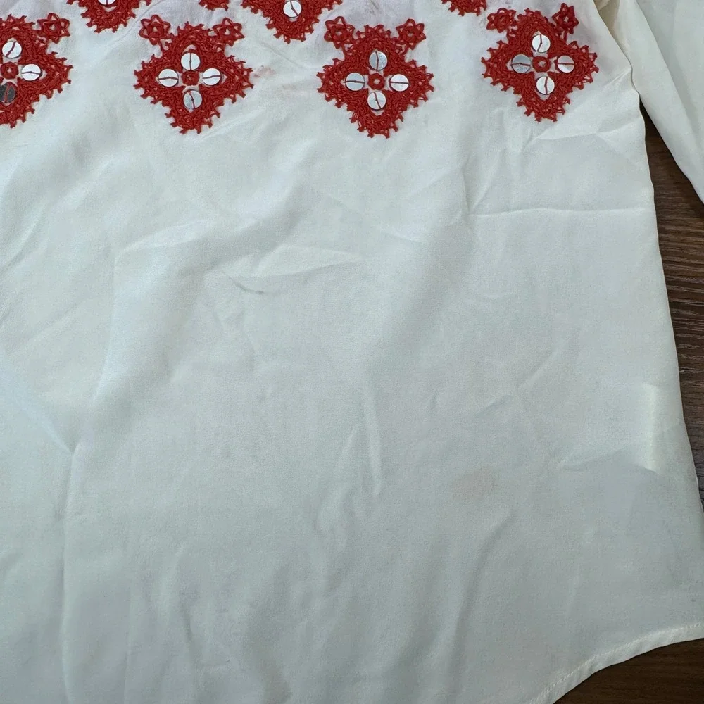 Tory Burch Leyla Blouse 0 Ivory Red Silk Embroidered Mirror Peasant Boho ***READ